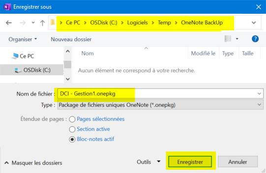 Fichier:Enregistrer le package OneNote.png